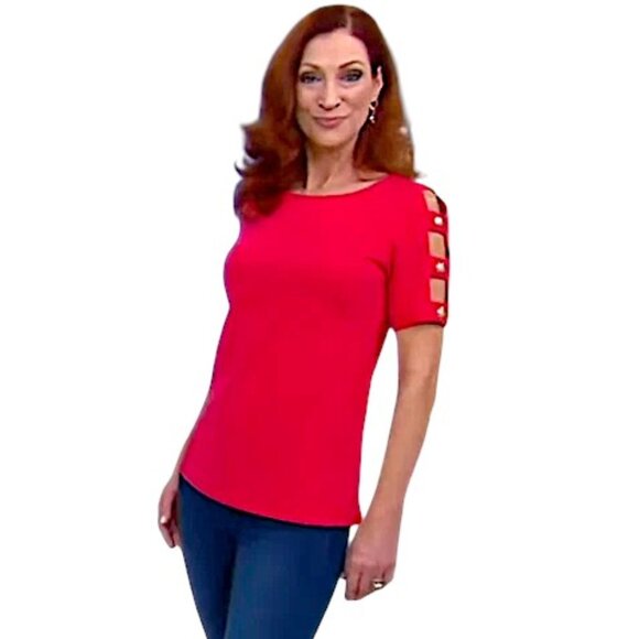 Dennis By Dennis Basso Luxe Crepe Top Size 2X Lattice Sleeve W/Button Trim - Picture 1 of 9